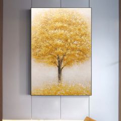 纯手绘油画入户玄关装饰画新中式客厅发财树挂画背景墙寓意好壁画