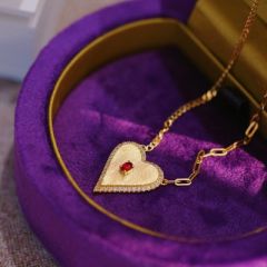 18k金超甜红宝石女款爱心锁骨项链镶嵌钻石浪漫