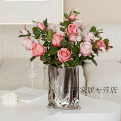 潇赫轻奢高档仿真玫瑰花客厅桌面花艺摆件干花插花花束餐桌花假花摆设 4支深粉+4支浅粉+银色花瓶